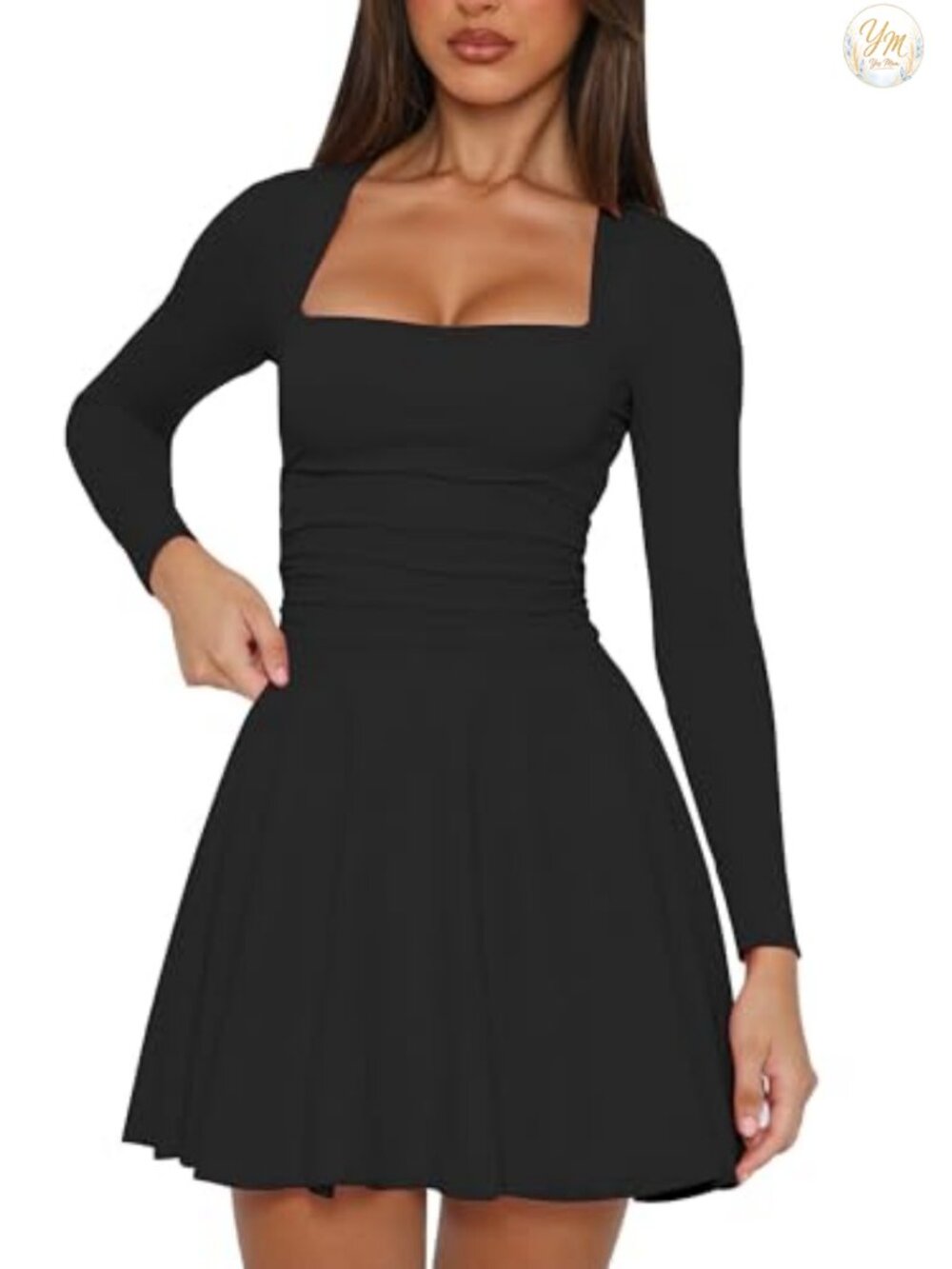 Long Sleeve Corset Mini Dress Ruched Ruffle Hem Club Party